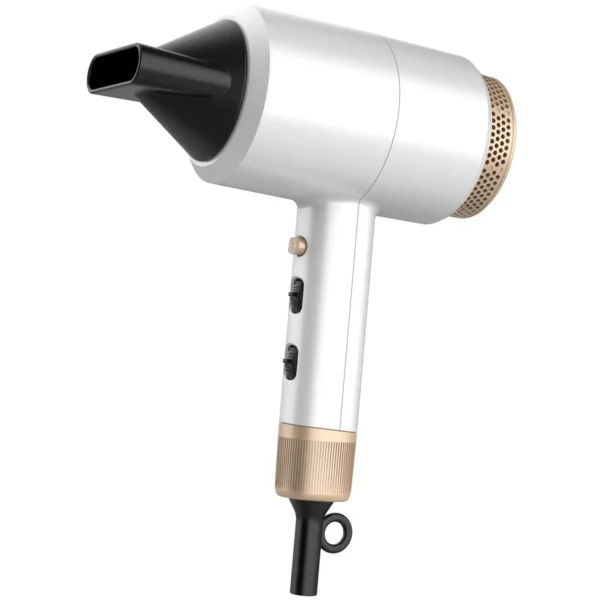 White hair dryer with a black concentrator nozzle and beige accents, shown from the side with control switches on the handle and a textured grip area