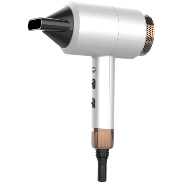 White handheld hair dryer with a black nozzle and copper rear vent; three control dials on the handle are visible.
