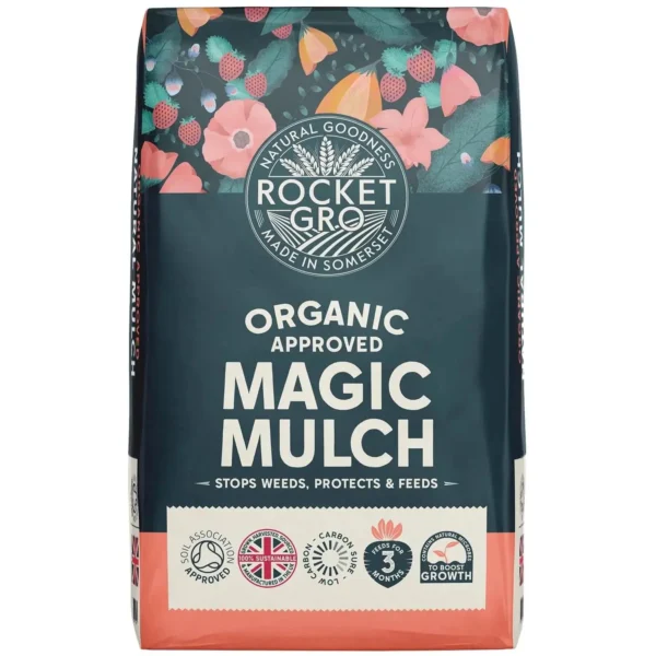 Bag of Rocket Gro Organic Magic Mulch with floral top design and 'Organic Approved' text, used for weed suppression and soil feeding