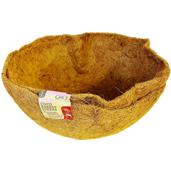 SMA0088 Round natural coconut fiber basket liner with a packaging label, sold as a twin pack of coco basket liners.