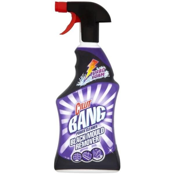 Purple spray bottle of Cillit Bang Black Mould Remover with a red trigger spray nozzle.