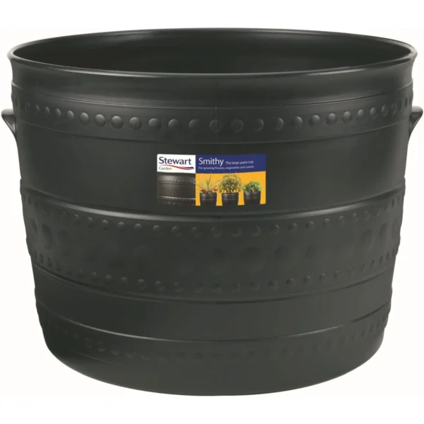 Large black plastic barrel-style planter with dotted decorative bands and a small product label on the side