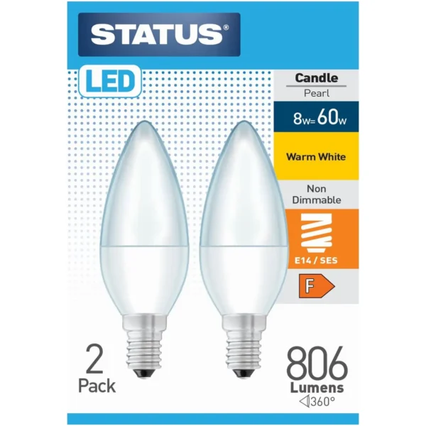 Status 8/60w Candle W/White SES pk2