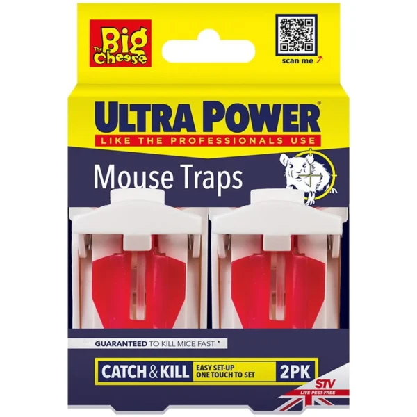 SVI0075 Packaged Ultra Power mouse traps with two red traps in navy panel and bright yellow top, labeled 'Mouse Traps' and 'Catch & Kill'.
