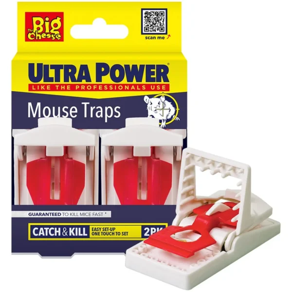 Box of Ultra Power Mouse Traps with two red spring-loaded traps, yellow and blue packaging, and 'Catch & Kill' label; foreground shows a single trap.