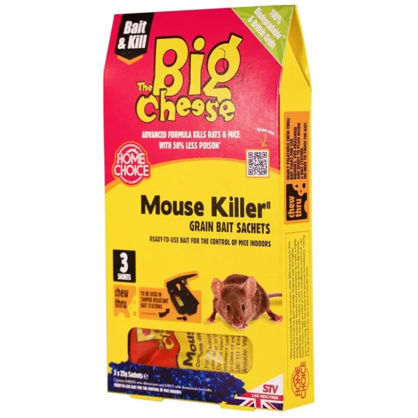 SVI0170 Bright pink and yellow bait box labeled “The Big Cheese” with mouse killer grain bait sachets for indoor mice control