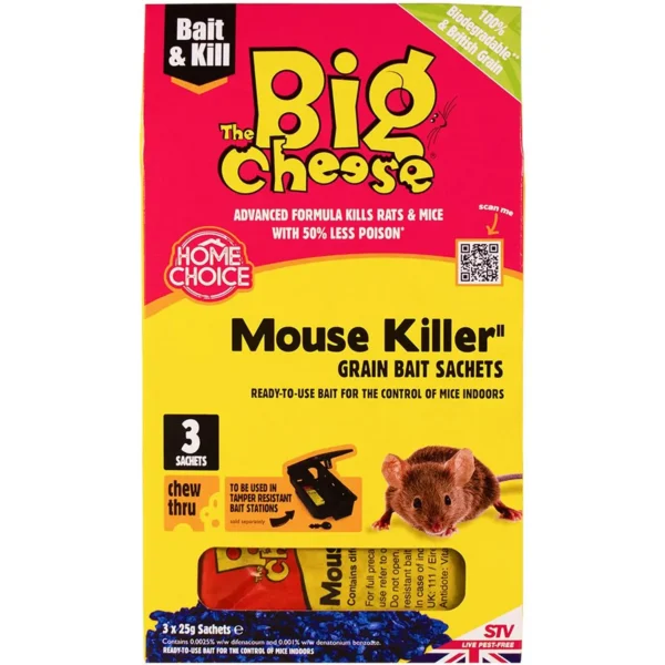 Bright red and yellow pest-control box labeled 'The Big Cheese' Mouse Killer grain bait sachets for indoor mice control (3 sachets).