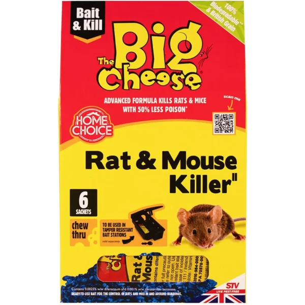 Product packaging for Big Cheese rat and mouse killer by Bait & Kill, yellow and red box with rat image and '6 sachets' label.