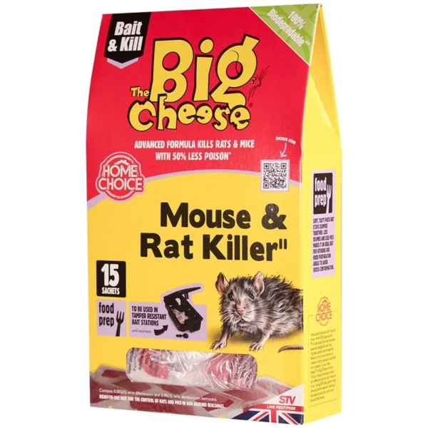 SVI0182 Red and yellow bait box labeled 'The Big Cheese Mouse & Rat Killer' with a cartoon mouse image on the front.