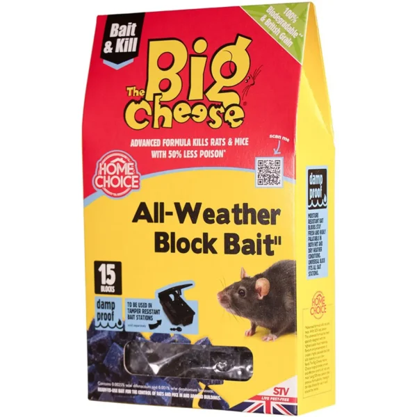 SVI0186 Bright red and yellow rodent bait box labeled 'The Big Cheese' All-Weather Block Bait for rats and mice with Home Choice branding and a QR code on the side