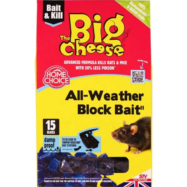 Bright red and yellow Bait & Kill packaging for All-Weather Block Bait rat poison, showing 15 blue blocks and a running rat graphic.