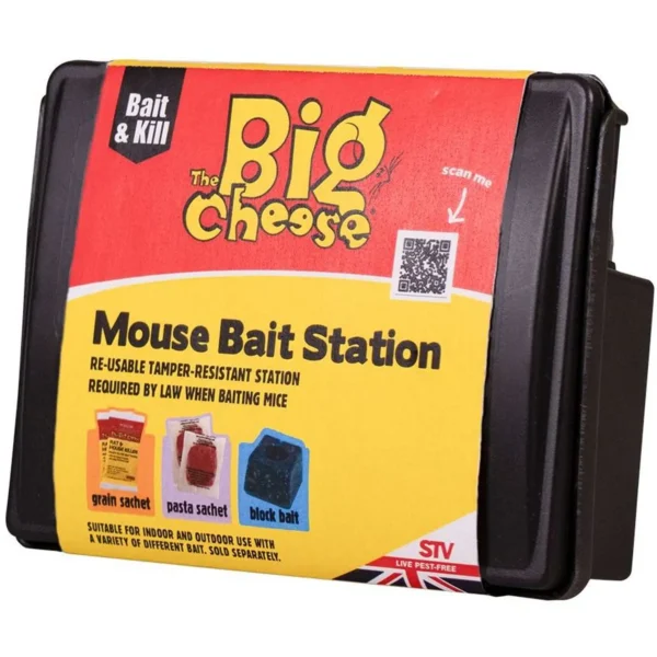 SVI0190 Product label for a 'Big Cheese' mouse bait station: red and yellow packaging marked 'Bait & Kill' and 'Mouse Bait Station' (informational image).