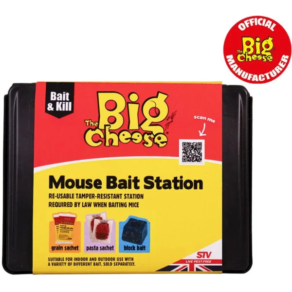Red and yellow Big Cheese Mouse Bait Station with Bait & Kill label and QR code on the front.