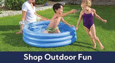 Three children play in a blue inflatable pool on a sunny green lawn; banner reads Shop Outdoor Fun at the bottom.