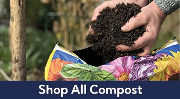 Hands scoop dark compost into an open bag, with a 'Shop All Compost' CTA banner below.