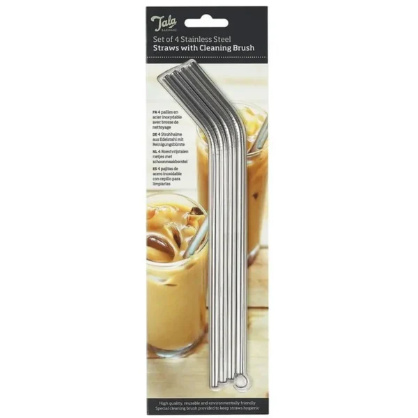 Set of four stainless steel drinking straws with a cleaning brush in packaging