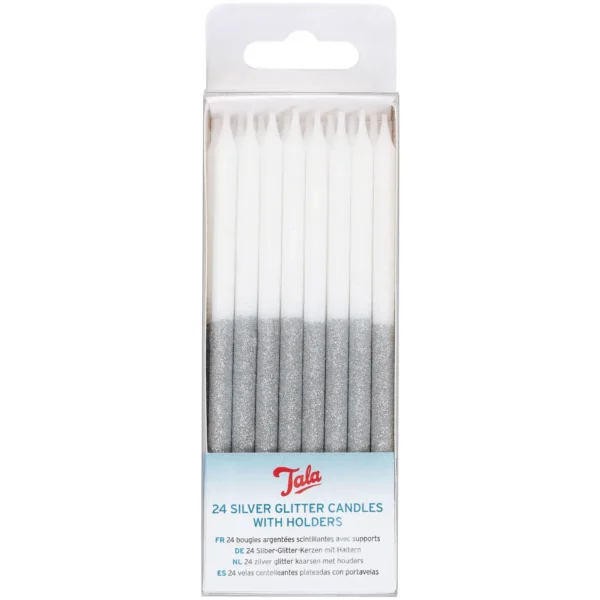 Tala Silver Glitter Candles & Holders 24 Pack
