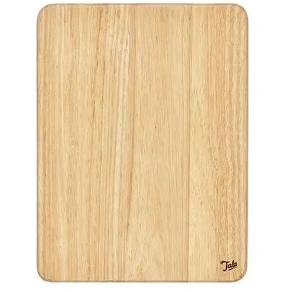 Wooden cutting board with rounded corners, light natural wood grain, small Tala signature in the bottom right corner.