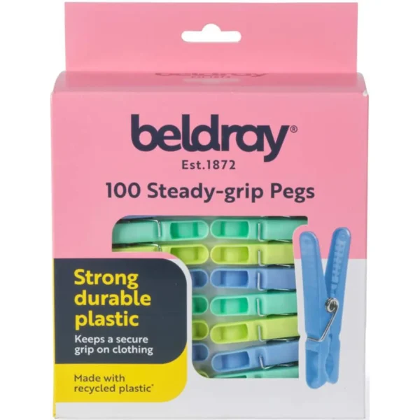 Box of BelDay 100 steady-grip plastic pegs for clothes drying, pink packaging with blue and green pegs visible through a window, Made with recycled plastic.