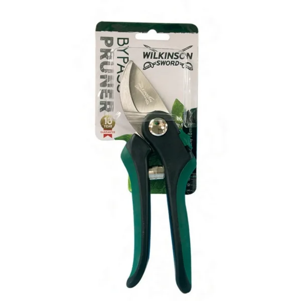 Wilkinson Sword bypass pruning shears in green-and-black handles in retail packaging