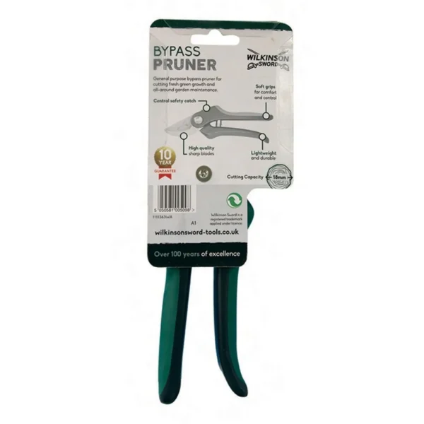 Wilkinson Sword bypass pruner in packaging, a hand-held garden pruner with green handles and a white label showing specs and branding