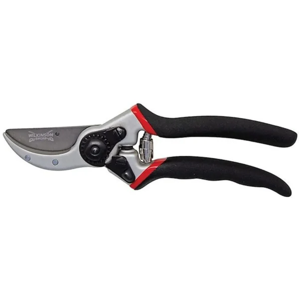 Pruning shears (secateurs) with black cushioned handles and a metal blade, brand Wilkinson Sword, shown in side view