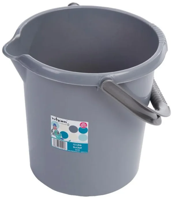 WMP0075 Grey plastic 10-liter bucket with a curved handle and label on the side
