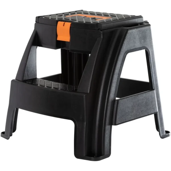 Black plastic step stool with two wide steps and an orange latch on the top