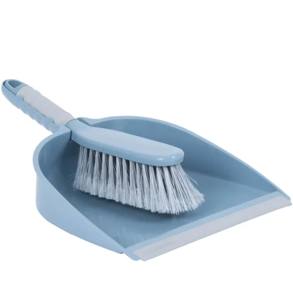 WMP0195 Blue plastic broom with white bristles placed across a matching light-blue dustpan, ready for sweeping.