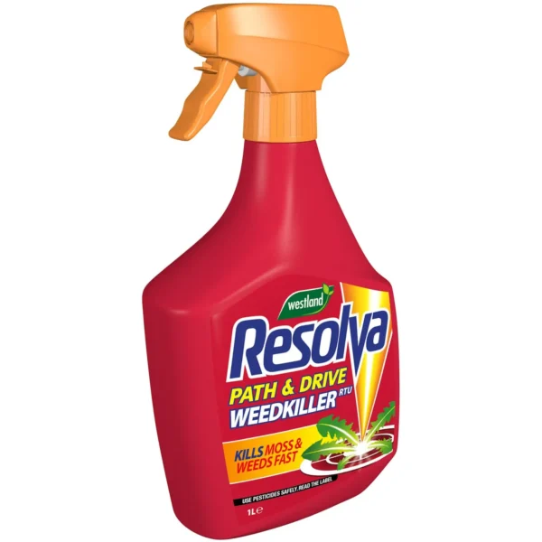 Red plastic weedkiller spray bottle with orange trigger nozzle; label reads Westland Resolva Path & Drive Weedkiller (1 L).