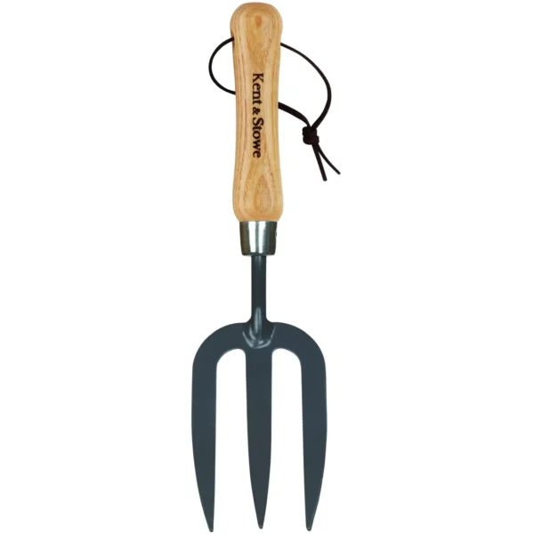 Garden hand cultivator with a wooden handle and three-prong metal head, and a black leather wrist strap tied around the handle