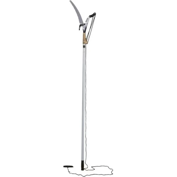 Tall telescoping pruning pole with a curved blade at the top and a pulley mechanism for cutting high branches