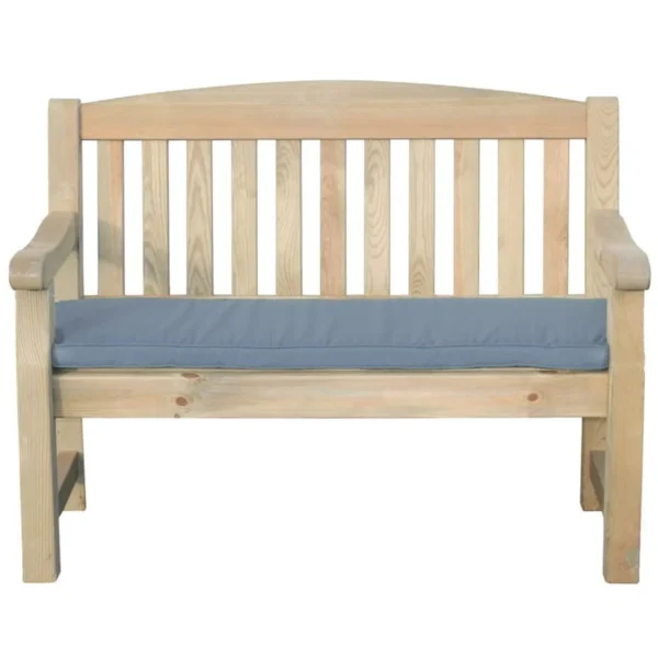 Wooden outdoor bench with a blue cushion seat, viewed from the front.